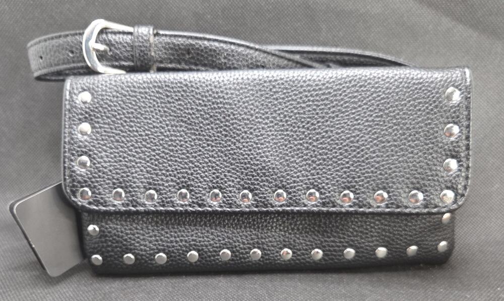 Rubi Simple Belt Bag Black Pebbled Faux Leather Silver Studded Waist Fanny Pack